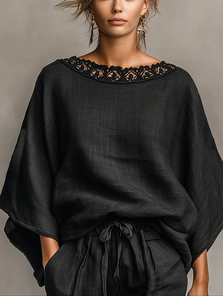 Blusa e Calções de Renda Lilás com Decote Barco