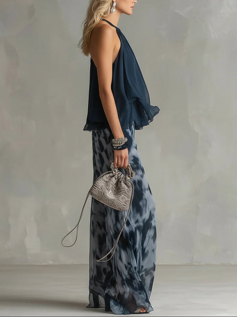 Conjunto de Top Halter e Calças de Perna Larga Impressas Sofia