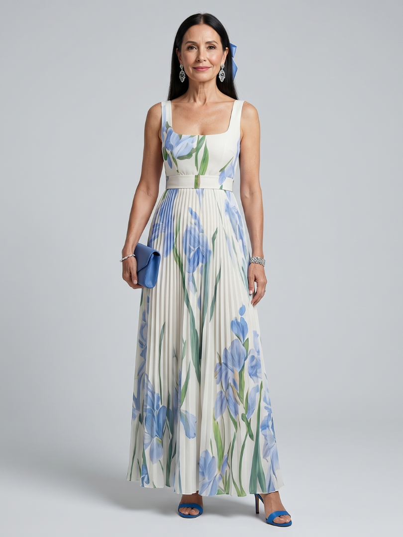 Ophelia | Vestido Midi Sem Mangas com Decote Quadrado e Estampado Floral