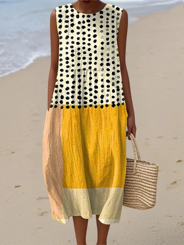 Leah™ Vestido Midi Colorblock com Bolinhas