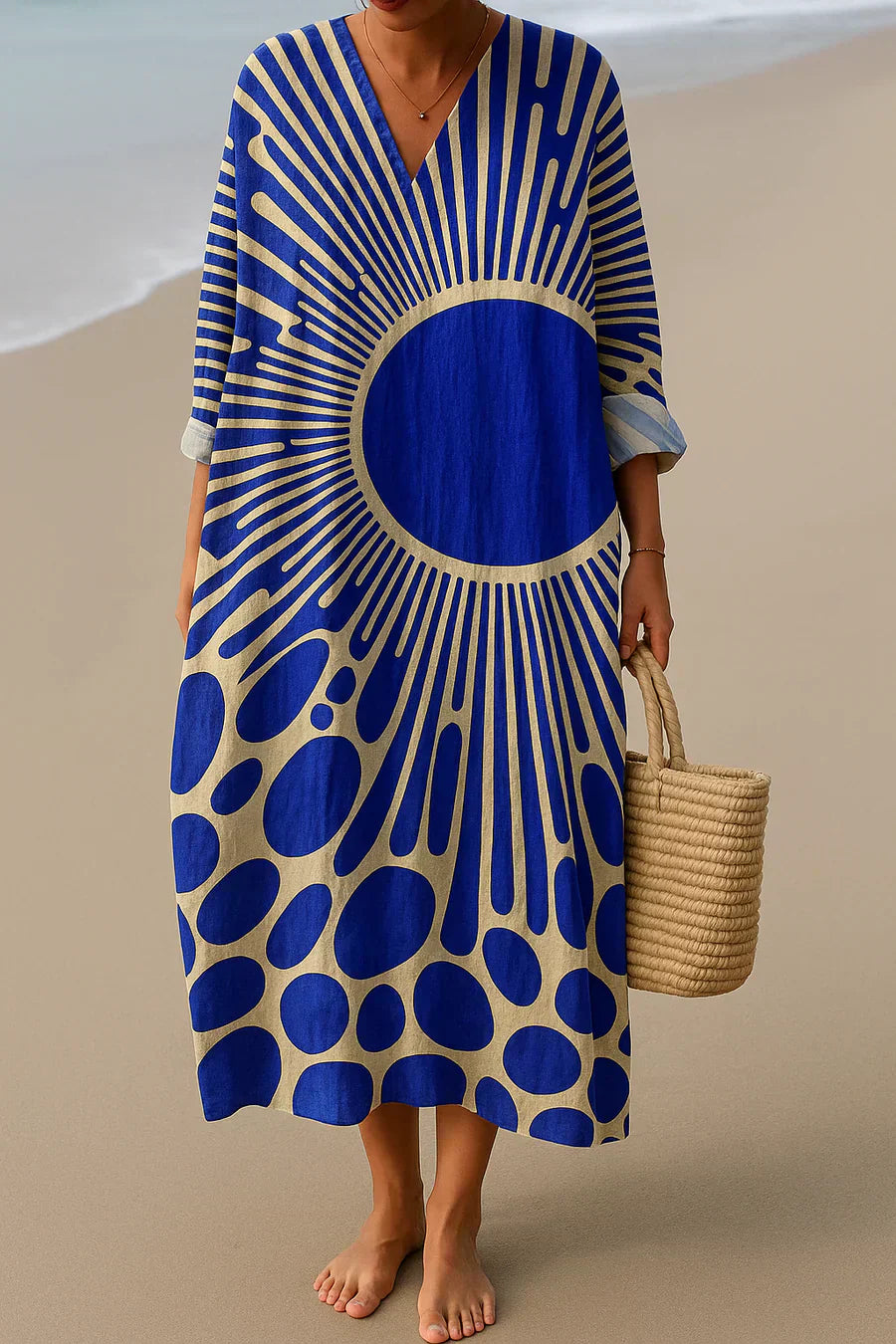 ELARA™ | VESTIDO DE ALGODÃO AZUL SOL - INSPIRADO NA ARTE