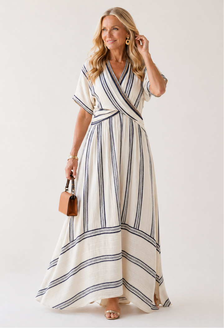 Thalassa | Vestido Midi Envoltório de Manga Curta com Decote em V