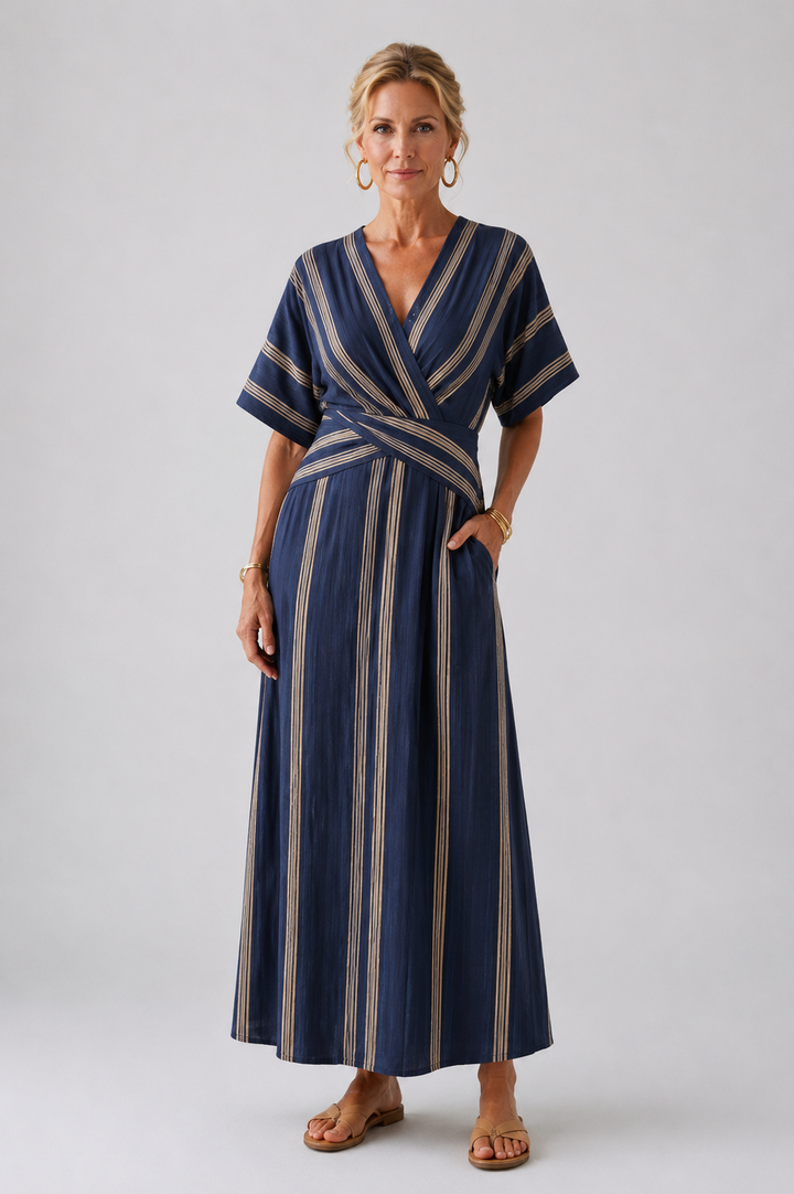 Saphira | Vestido midi cruzado às riscas com decote em V e mangas curtas