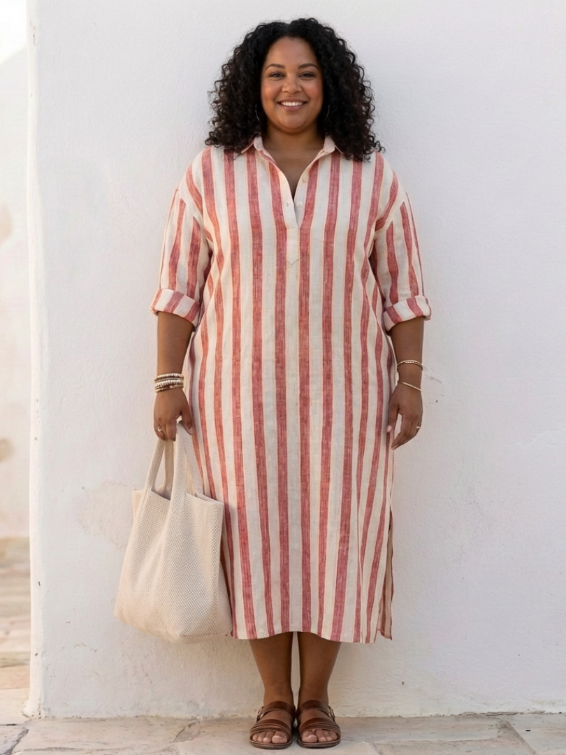 Naomi | Vestido Camisa Midi de Manga Larga às Riscas