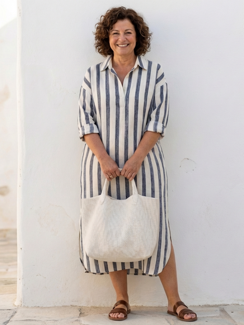 Naomi | Vestido Camisa Midi de Manga Larga às Riscas