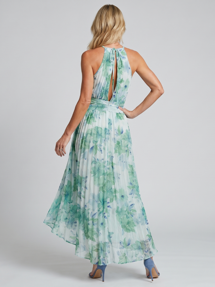 Portia | Vestido Midi de Flores com Pregas e Decote Halter