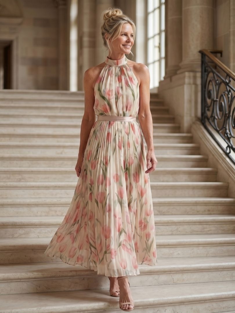 Aurelle | Vestido Midi Floral com Decote Halter