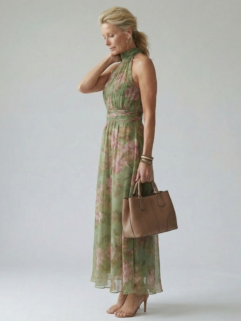 Mirelle | Vestido Midi com Decote Halter Fruncido