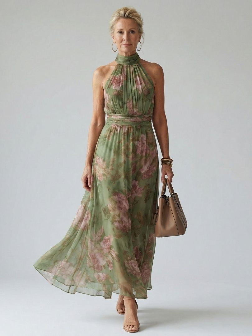 Mirelle | Vestido Midi com Decote Halter Fruncido