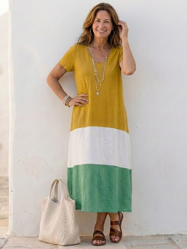 Thalia | Vestido Midi de Manga Curta com Bloco de Cor