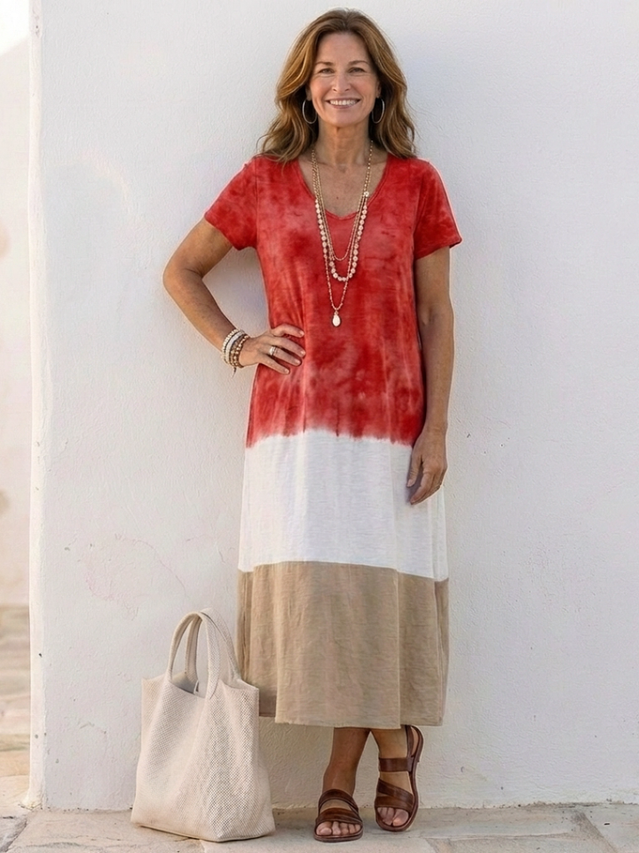 Thalia | Vestido Midi de Manga Curta com Bloco de Cor