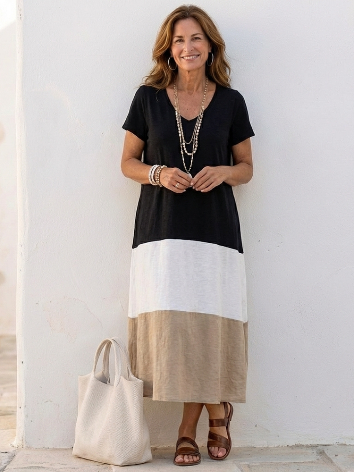 Thalia | Vestido Midi de Manga Curta com Bloco de Cor