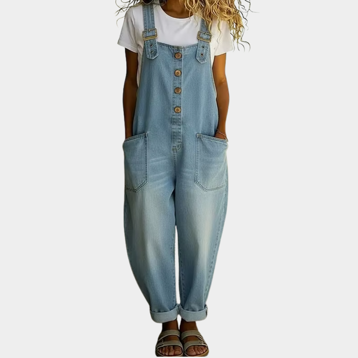 Mae | Macacão de Algodão Vintage com Aparência de Denim e Alças Ajustáveis
